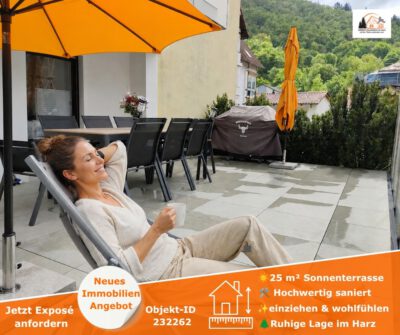 Modernisierte 3-Zimmer-Terrassenwohnung mit neuer Einrichtung & großer Süd-/West-Terrasse, 37431 Bad Lauterberg, Terrassenwohnung