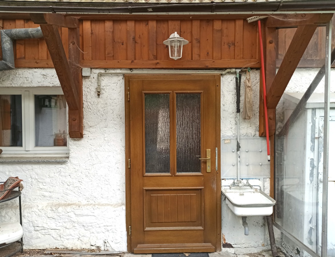 Haustür mit Glaseinsatz und Vordach aus Holz/ Hofseite