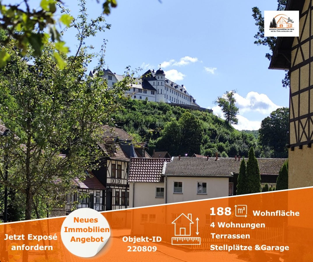 Blick zum Haus, oberhalb das Schloss Stolberg, aus dem 13. Jahrhundert