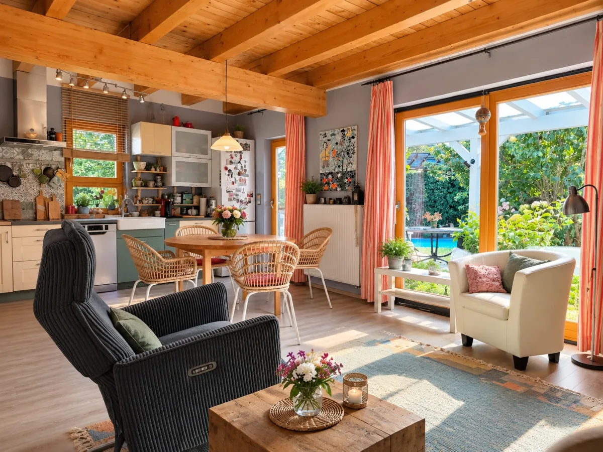 Der offene Wohn-Essbereich mit Gartenblick und Terrasse