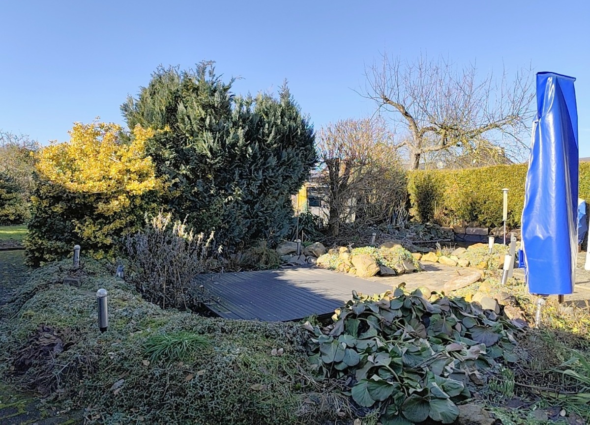 Kleine Terrasse im Garten mit kleine Sträuchern als Sichtschutz
